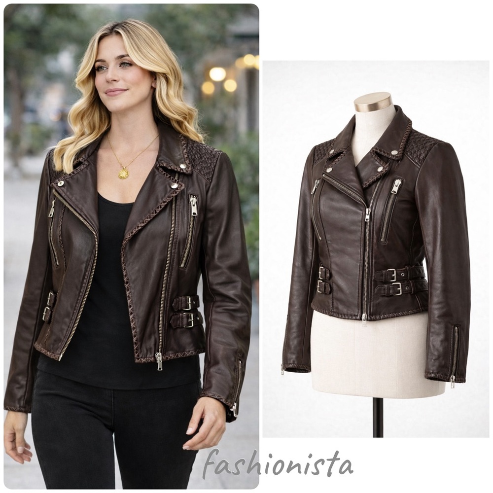 AllSaints Chocolate Brown Leather Moto Jacket EU 36 US 4 Woven Detail